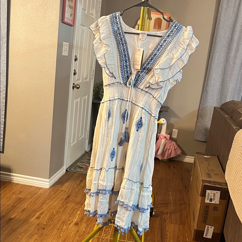 White and Blue Embroidered V-Neck Ruffle Mini Dress